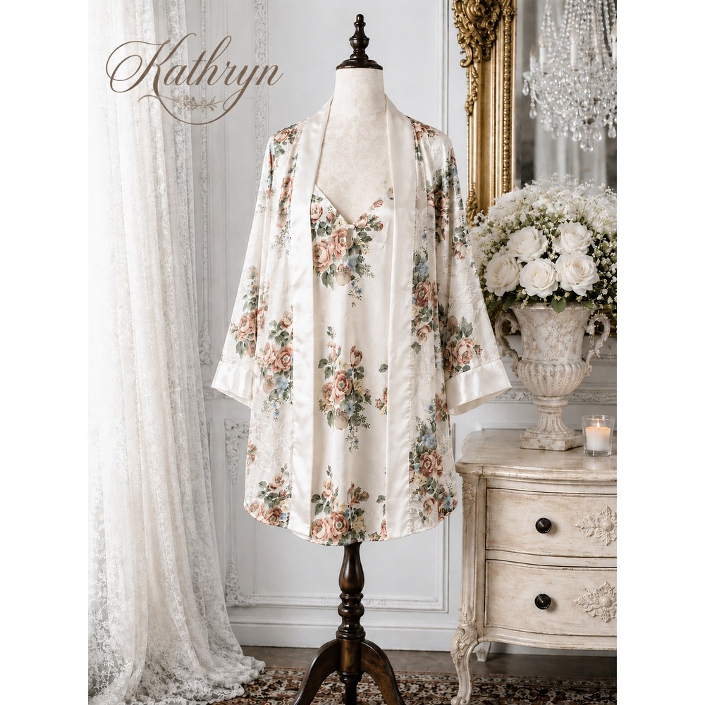 Kathryn Vtg Lingerie Ivory Floral Satin Nightgown & Robe Set Romantic Size M